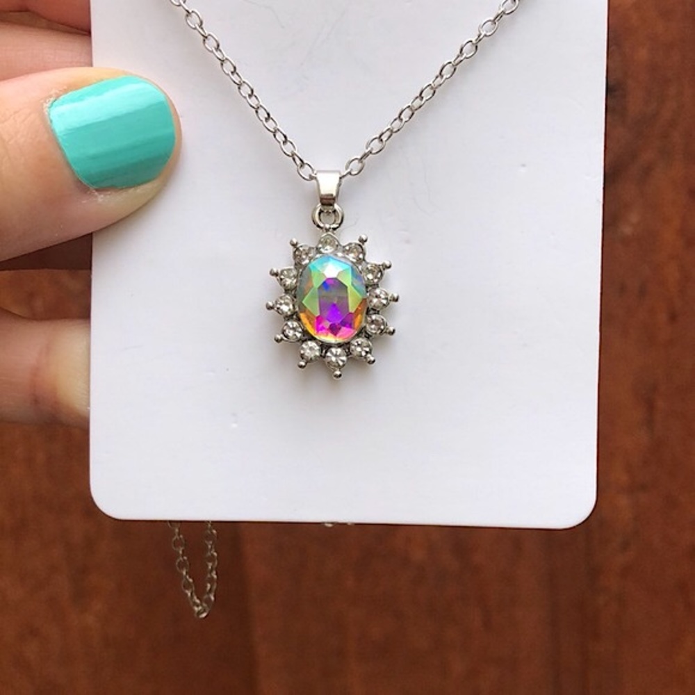 Aurora Borealis Crystal Halo Drop Necklace - Picture 6 of 9